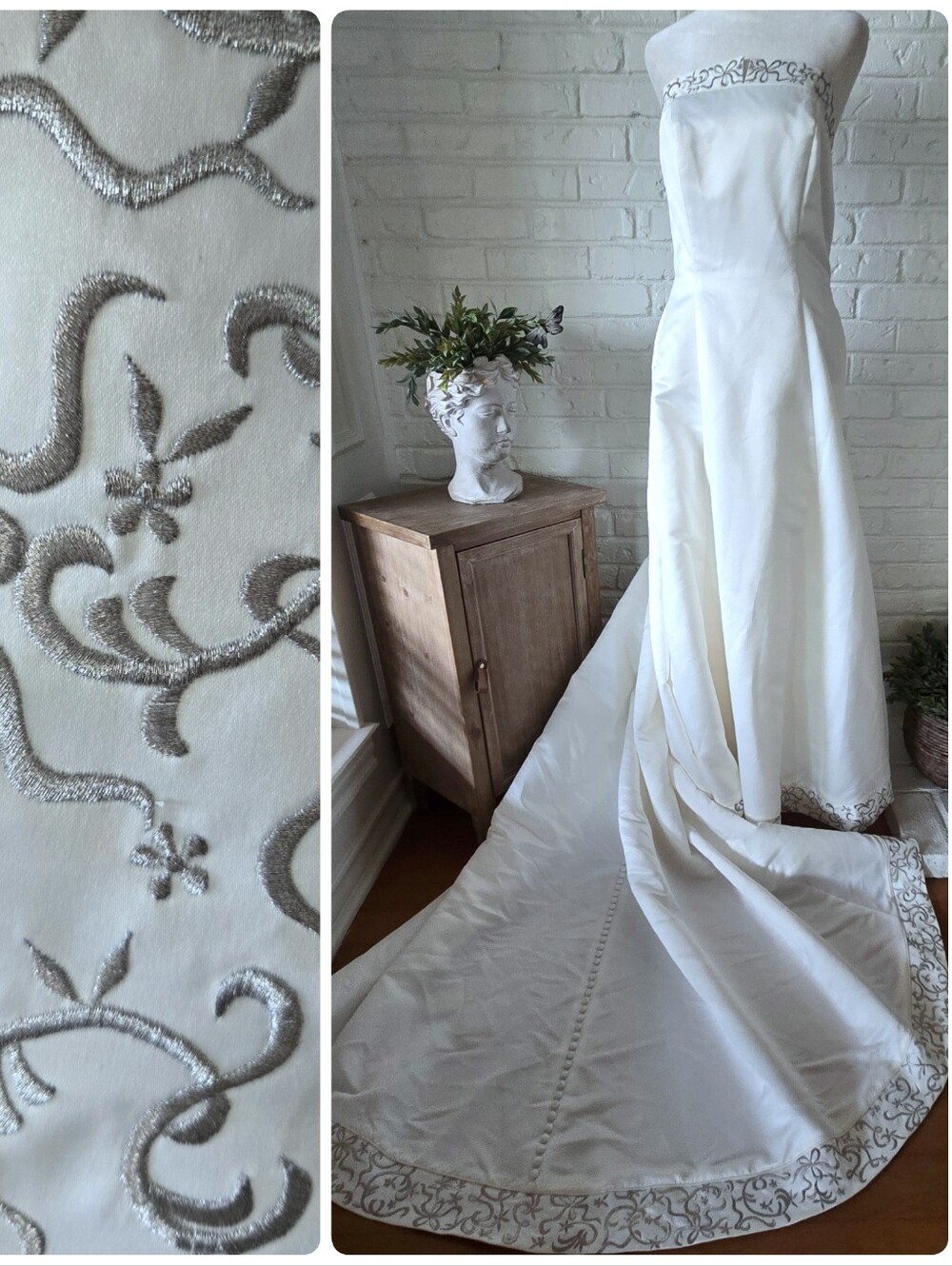 Vtg 90s Michelangelo Strapless Satin Wedding Gown, Stole, Train, Button, Bow, S